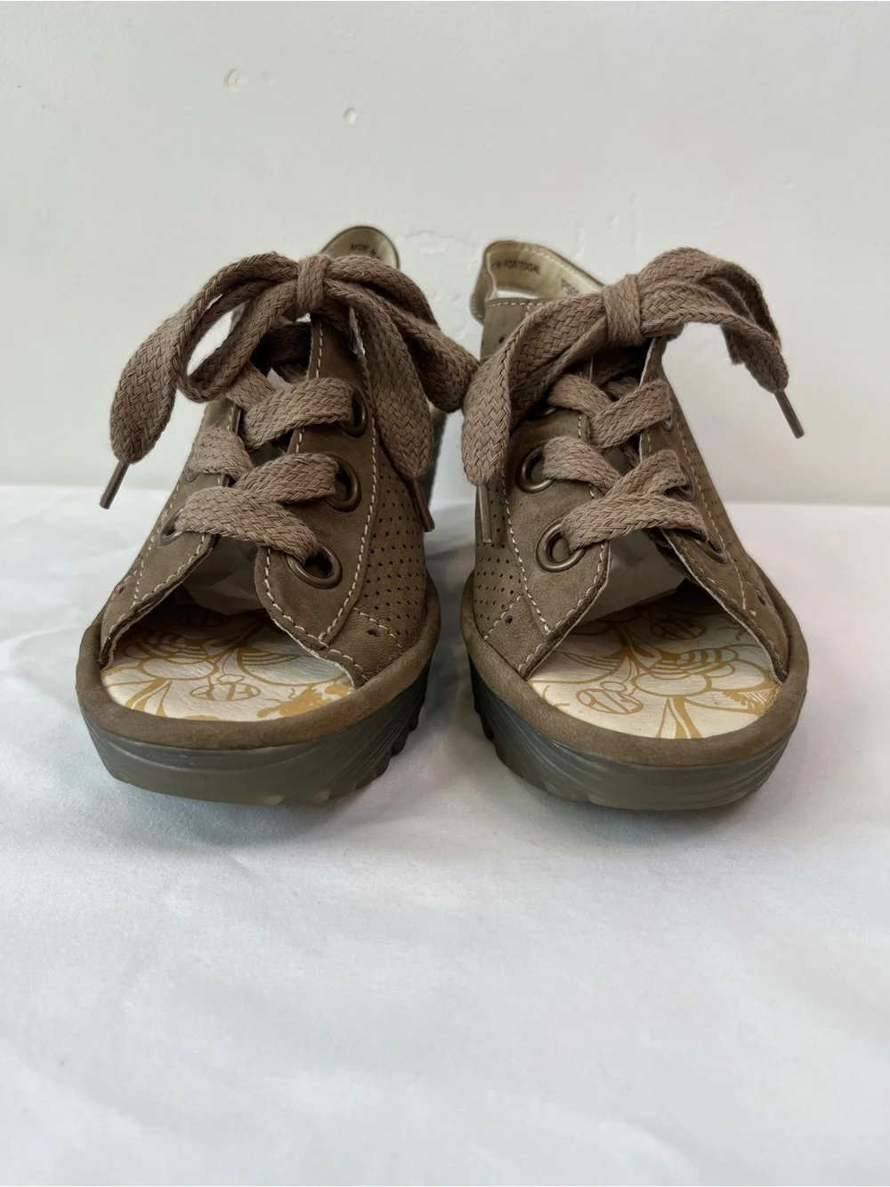 Fly London Yuta Platform Wedge Sandals Khaki Taupe Nubuck Womens Size 39 US 8.5